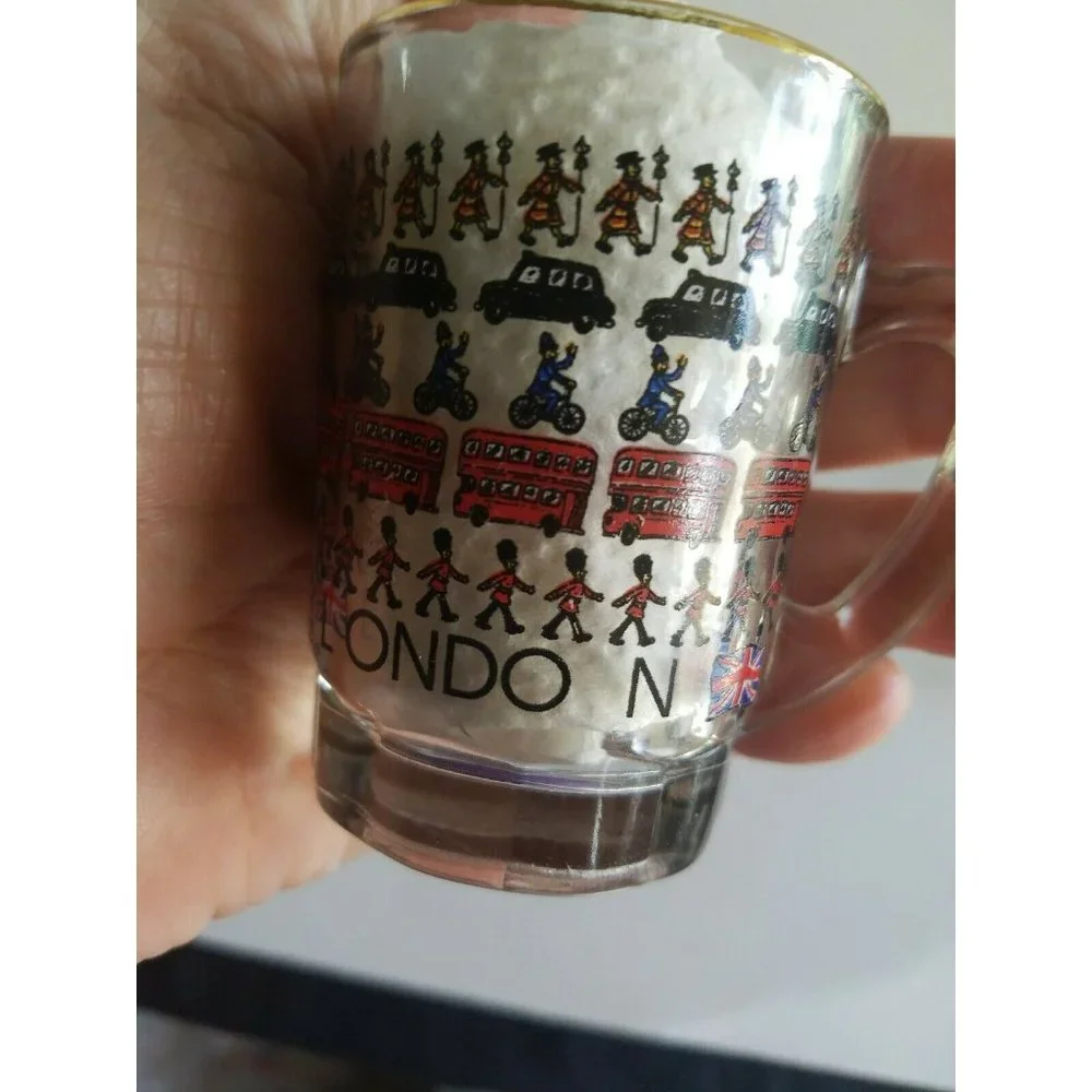 Vintage London Double Shot Glass with Handle Gold trim Double Decker Bus Flag +